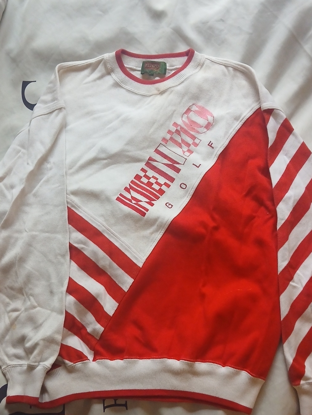 Retro 80s Kenzo Red & White Colorblock Jersey Sweatshirt Size L/XL